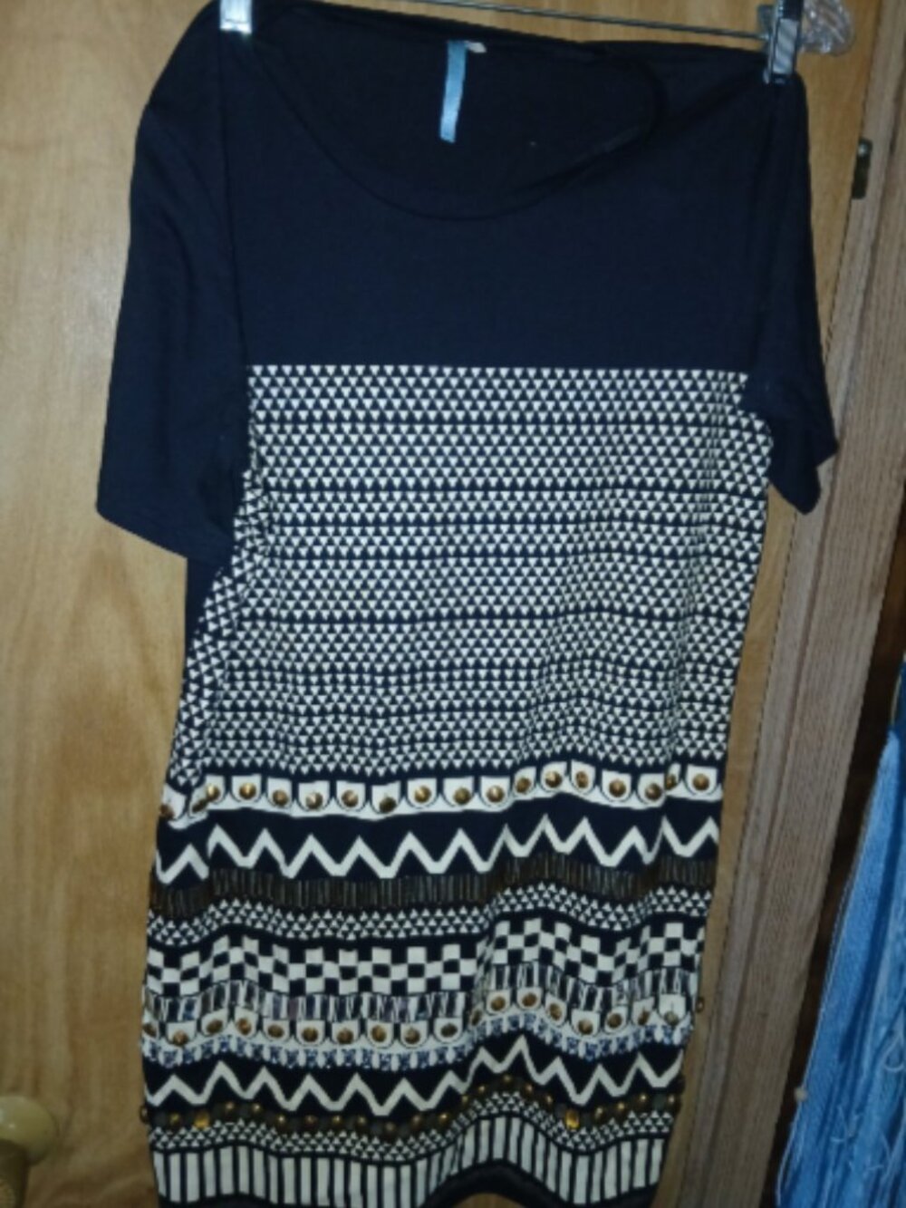 Moonlight Geometric Aztec Beaded Shift Dress Black Cream M